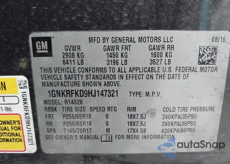 2017 Chevrolet Traverse from USA, damaged, VIN 1GNKRFKD9HJ147321